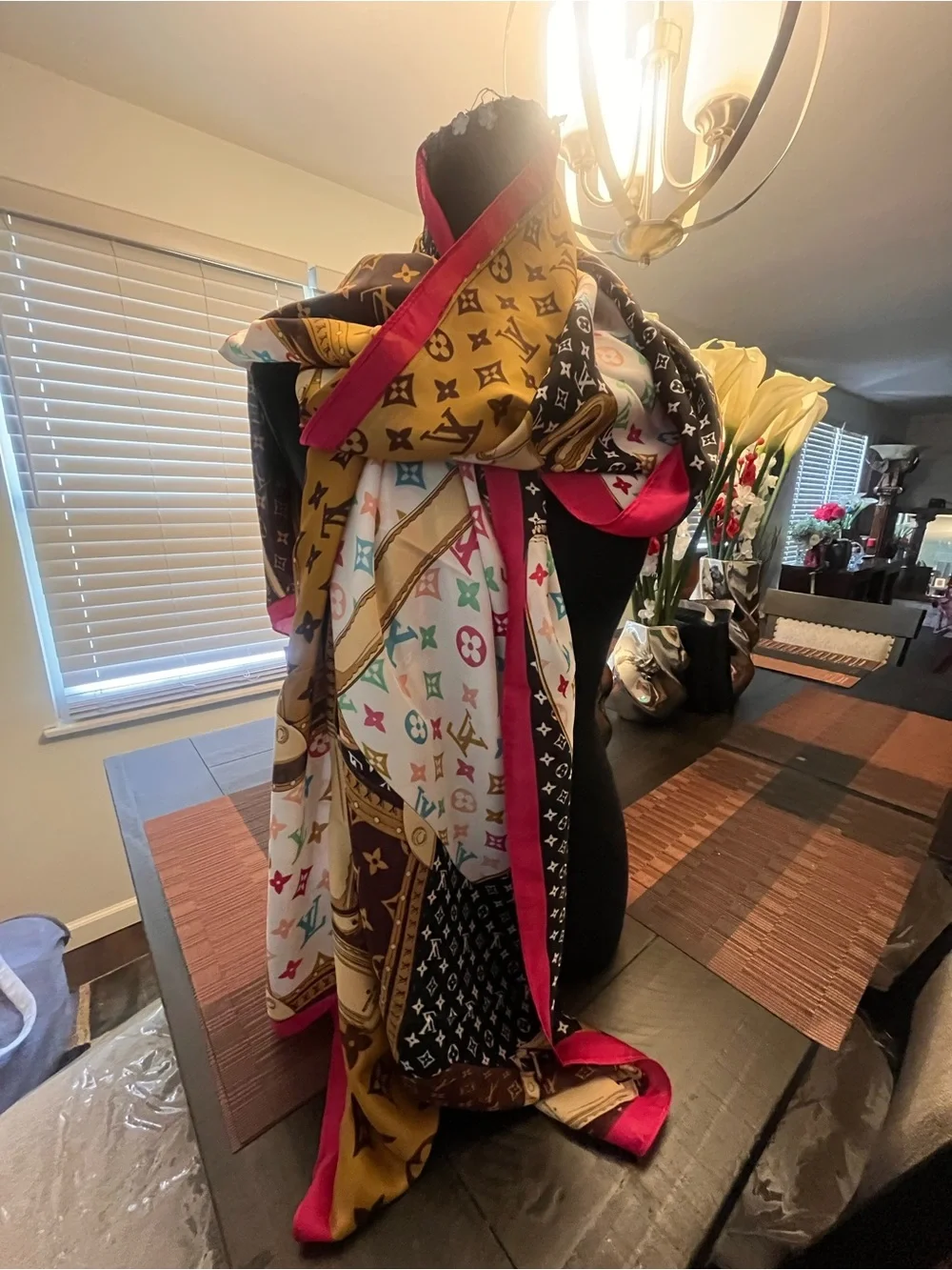 Luxury Monogram Pattern Oversized Scarf - Multicolor with Fuchsia Trim 100% Silk